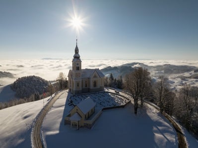 Aerial shot of Sveti Lenart Church at Čni Vrh