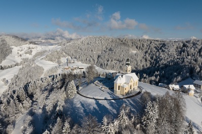 Aerial shot of Sveti Lenart Church at Čni Vrh