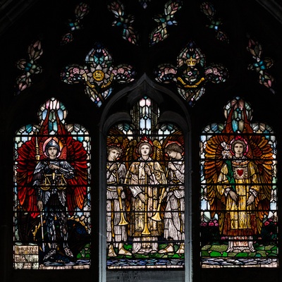 A stained glass window in Worcester Cathedral by Christopher Whall, a member of the Arts & Crafts movement