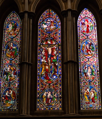 This is a 5-image vertical panorama of one of the main windows in Worcester Cathedral