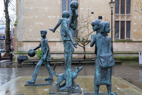 The Meeting statue by John Mills outside the entrance of the Harpur Centre