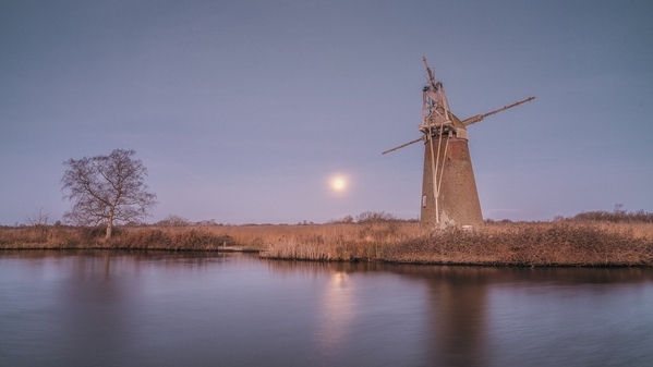 Turf Fen mill with the setting moon- wider view