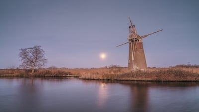 Turf Fen mill with the setting moon- wider view