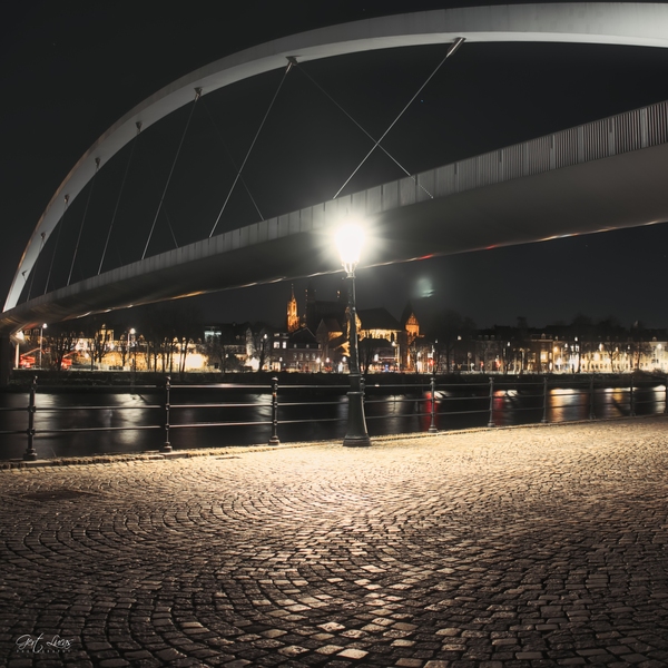 Maastricht Pedestrian Bridge 'Hoge Brug'. View from the Maas-riverbank