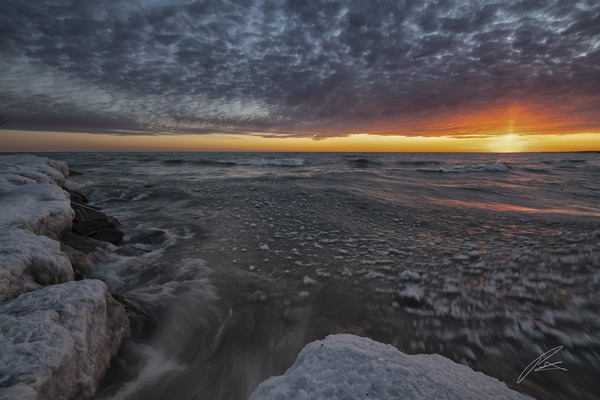 Cobourg Waterfront, Sunset Winter Ice in the waves