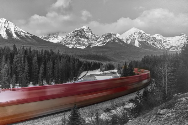 Train passing Morants Curve, Alberta