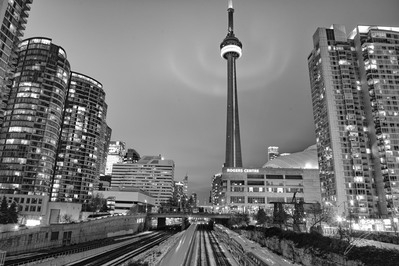 CN Tower from train overpass downtown Toronto