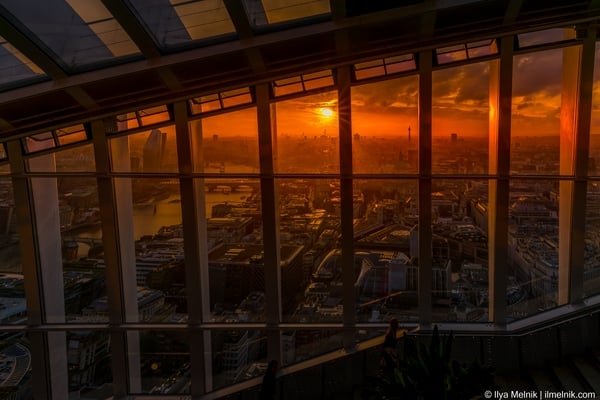 At the sunset from the rooftop restaurant of Sky Garden.