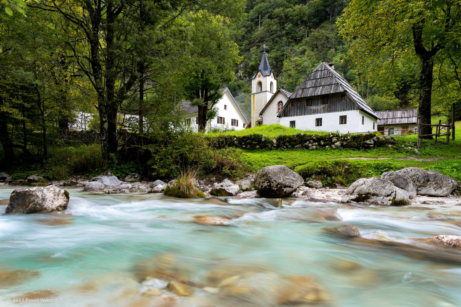 Image of Soča River and Church in Trenta Valley by Pe Wu