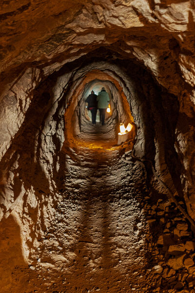 Journey begins.  While the mine goes to depths of over 500 ft., the tour travels safely for several hundred yards at the top level.  All paths are very well lighted