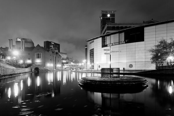 Photograph of the National Sea Life Centre at night, taken across the canal.