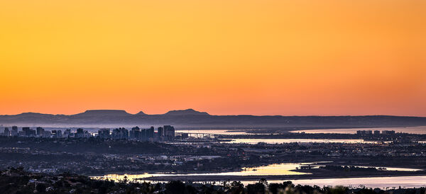 Mission bay & downtown San Diego with the sunrise glow