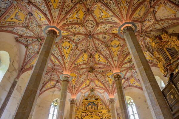 Wide angle view of the beautiful ceiling of the Crngrob Church