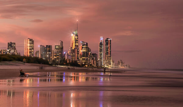 This image is taken from the beach at the Gold Coast.  I parked at Miami Beach and walked to a number of spots to take photos.  The beach is miles long.  The skyscraper buildings of Surfers Paradise being so close to the beach make for a dramatic image. 