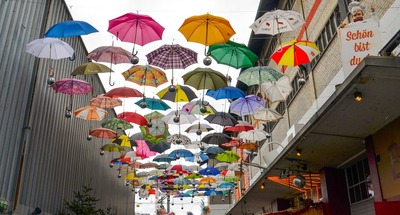Switzerland pictures - Zurich Alley of Hanging Umbrellas