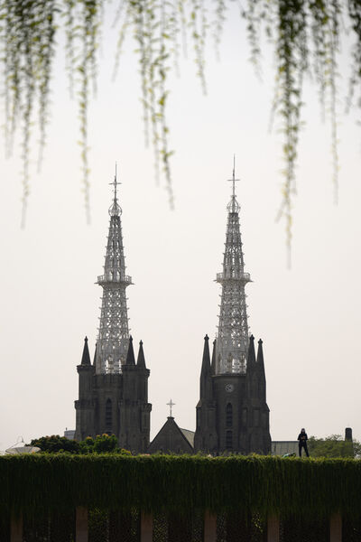 Cathedral spires as seen from Istiqlal Mosque