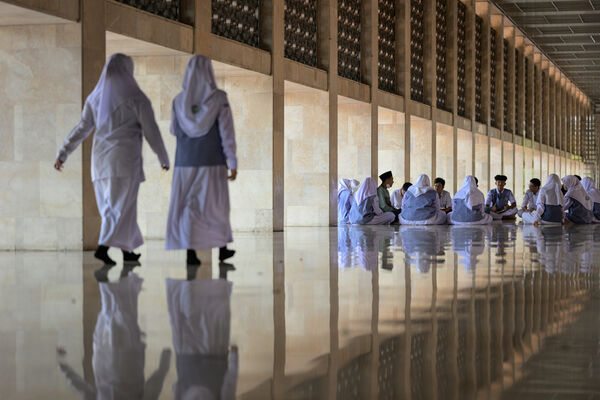 Students at Istiqlal Mosque in Jakarta
