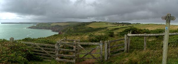A pano. looking west from Trewent Point along the coast path.