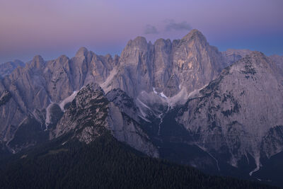 Dawn views from Cima del Cacciatore / Kamniti lovec - the peak on the photo is Viš / Jof Fuart