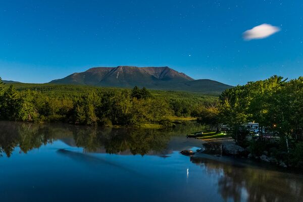 Abol Stream looking upstream from the bridge. Mt. Katahdin in the background is the highest point in Maine (just under 1 mi/1610m). This image was shot by the light of the Supermoon on 31 Aug 23.