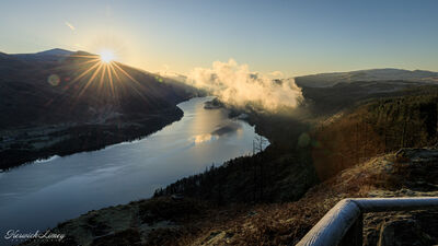 Looking down Thirlmere from Raven Crag at sunrise.