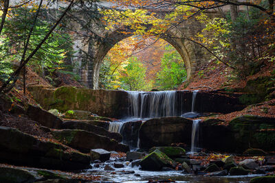 Use long lens to isolate interesting details and focus on the arch of the bridge above the waterfall