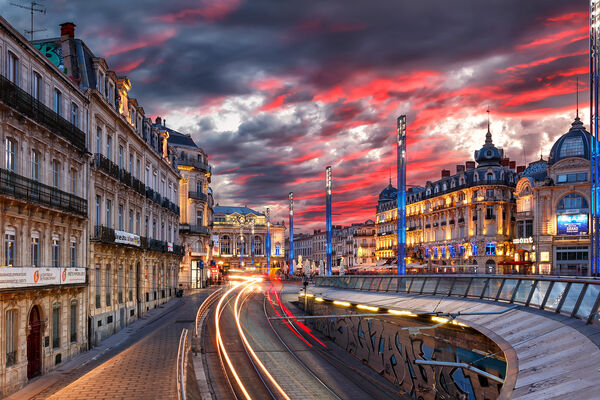 View of the Opera of Montpellier at sunset