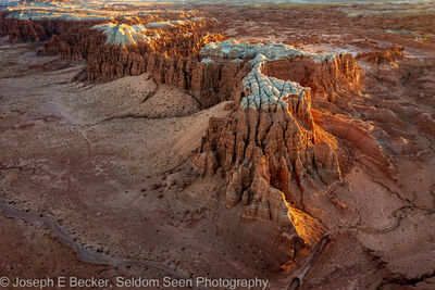 Drone view of the mesa east of the main Goblin Valley looking southwestward toward the valley