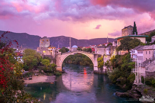 Clear shot of the Old bridge of Mostar.