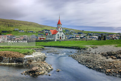 Sandavagur and the red-roofed church on the island of Vagar 
