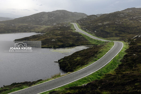 The Golden Road is a scenic single-track road that winds through the rugged landscape of the Isle of Harris.