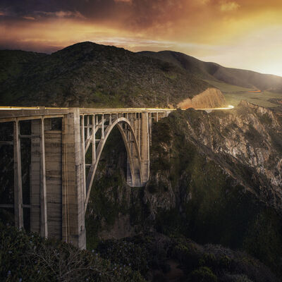 Sunset at the Bixby Bridge. Taken at the front of the parking lot area