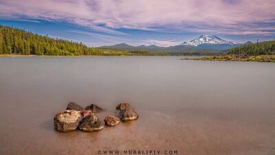 Good view of the South Sister from the south beach of Elk Lake. Good spot to shoot at sunset.