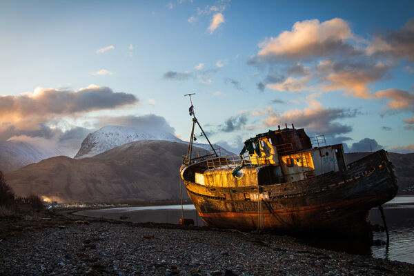 Sunrise shot of the magnificent "Old Boat of Caol" with the mighty Ben Nevis in the background