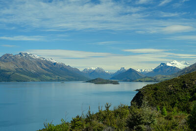 The view over Lake Wakatipu towards Glenorchy and Mount Aspiring National Park, from Bennett's Bluff. 