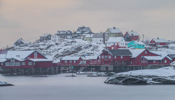 Å village in a snowstorm.