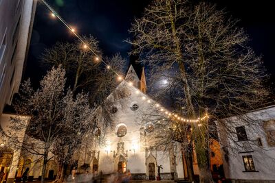 Church exterior during Christmastime
