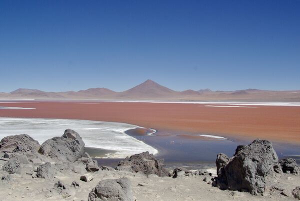 Salt lake on the Bolivian Altiplano (14000ft). Algae give the lake its distinctive hue. 