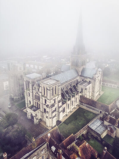 Chichester Cathedral under winter fog.
