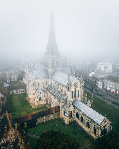 Chichester Cathedral under winter fog.